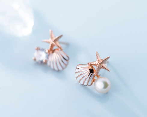 S925 Silver Strawberry Quartz Starfish Shell Earrings