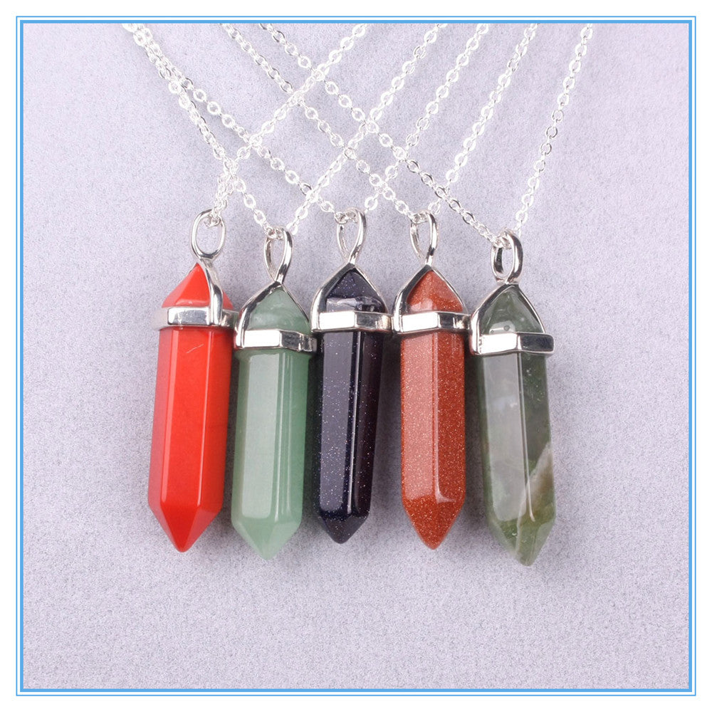 Quartz Point Pendant Natural Stone Bullet Hexagonal Necklace