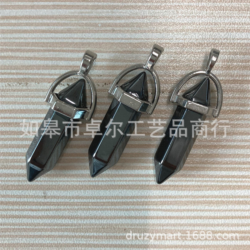 Quartz Point Pendant Natural Stone Bullet Hexagonal Necklace