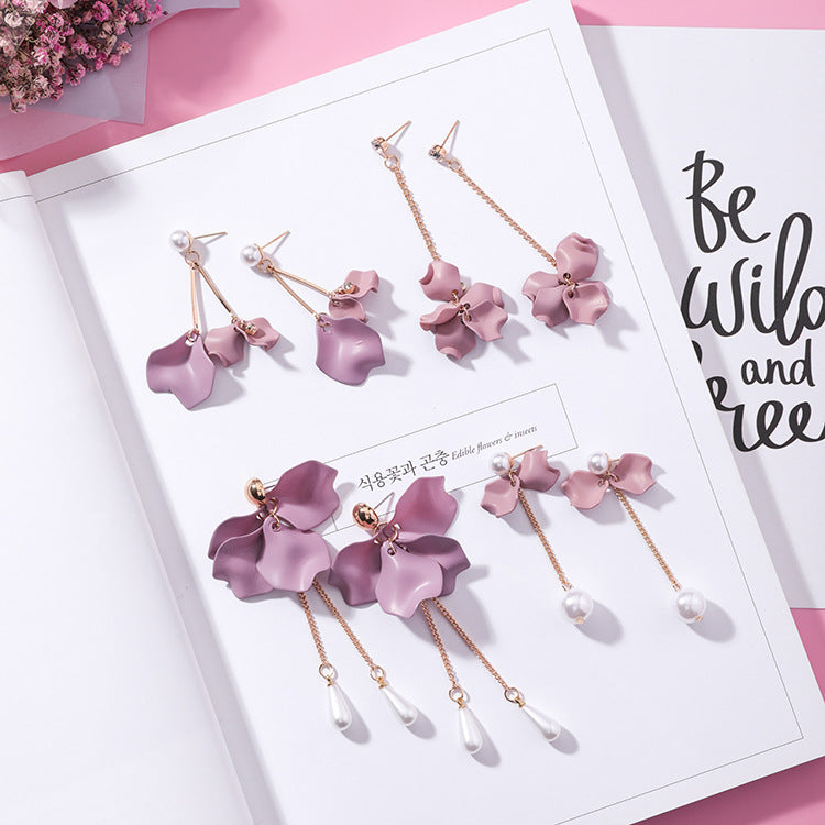 Trendy Pink Purple Petal Flower Earrings with Pearls