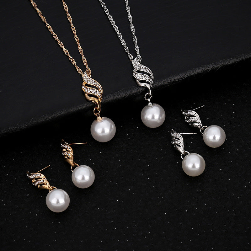 Pearl and Diamond Wave Earrings Necklace Set for Brides