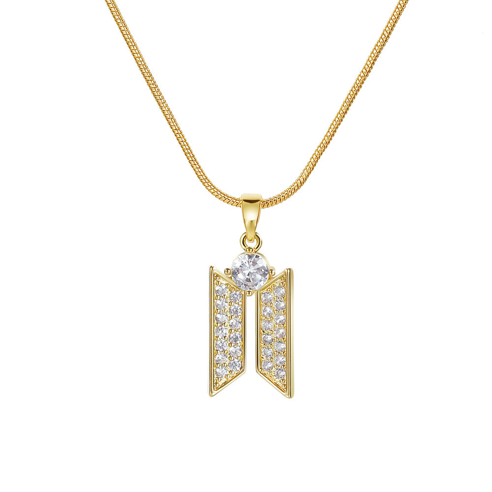 Geometric Copper Pendant Necklace with Zirconia Stones
