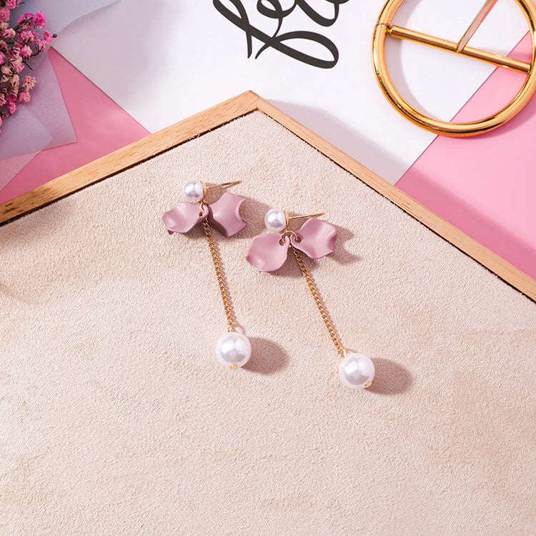 Trendy Pink Purple Petal Flower Earrings with Pearls