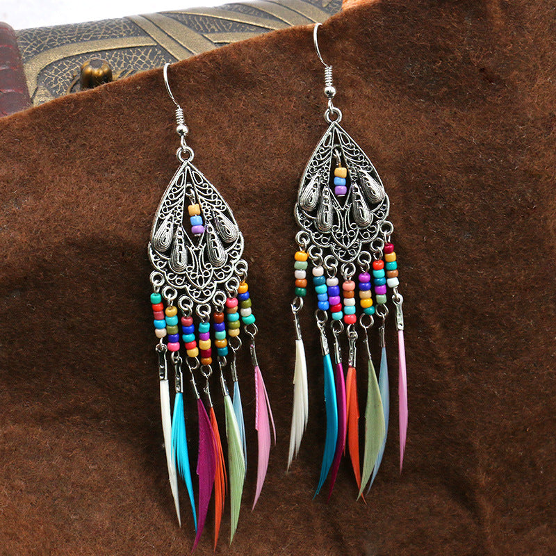 Geometric Colorful Bead Feather Tassel Earrings