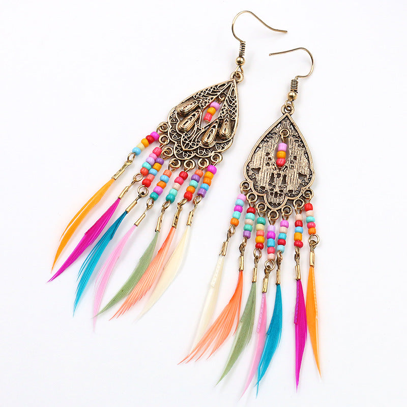 Geometric Colorful Bead Feather Tassel Earrings