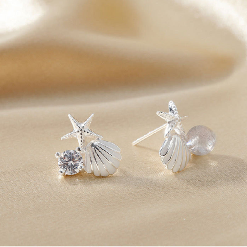 S925 Silver Strawberry Quartz Starfish Shell Earrings