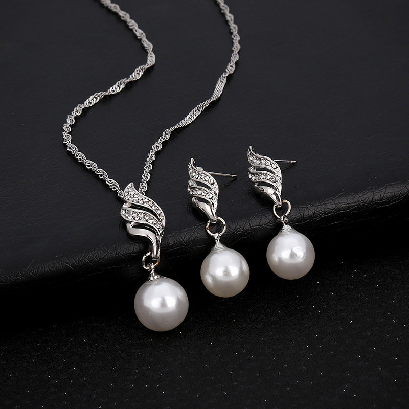 Pearl and Diamond Wave Earrings Necklace Set for Brides