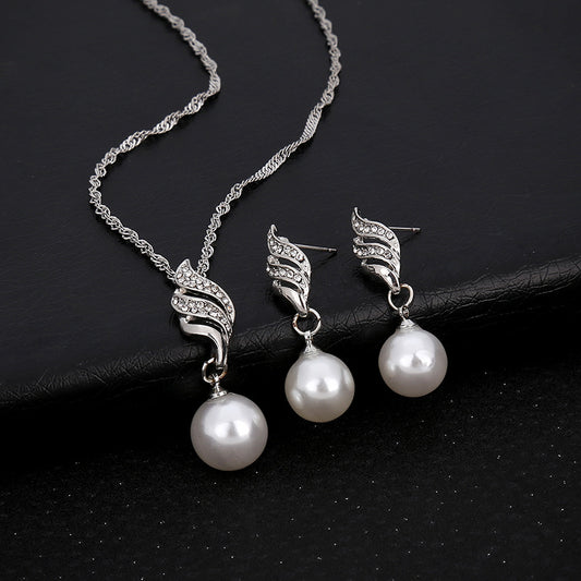Pearl and Diamond Wave Earrings Necklace Set for Brides
