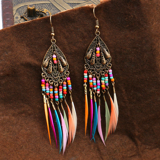 Geometric Colorful Bead Feather Tassel Earrings