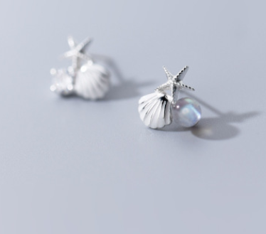 S925 Silver Strawberry Quartz Starfish Shell Earrings