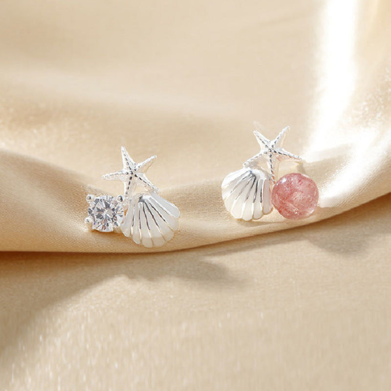 S925 Silver Strawberry Quartz Starfish Shell Earrings