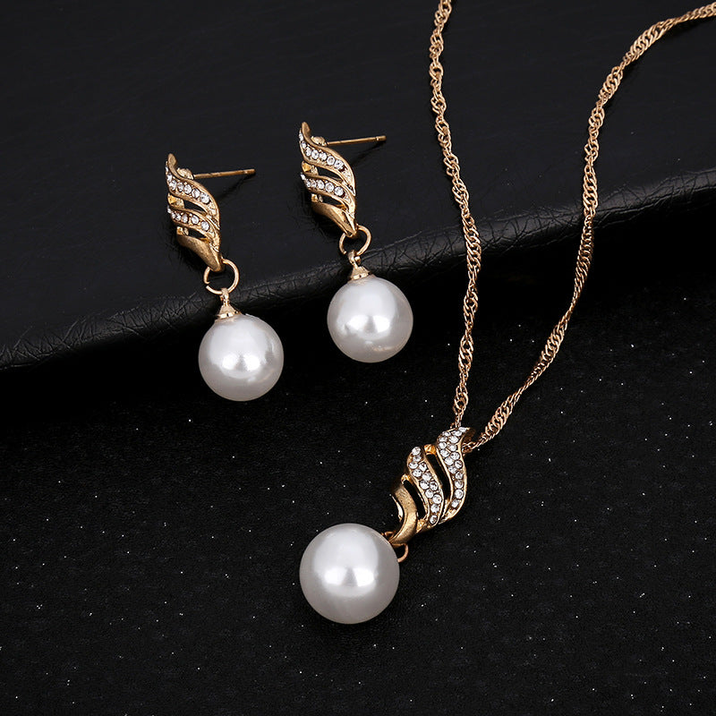 Pearl and Diamond Wave Earrings Necklace Set for Brides
