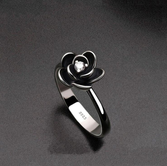 Black Rose Flower Ring, Fashion Floral Band, 925 Silver