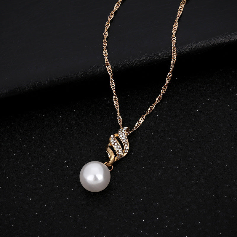 Pearl and Diamond Wave Earrings Necklace Set for Brides