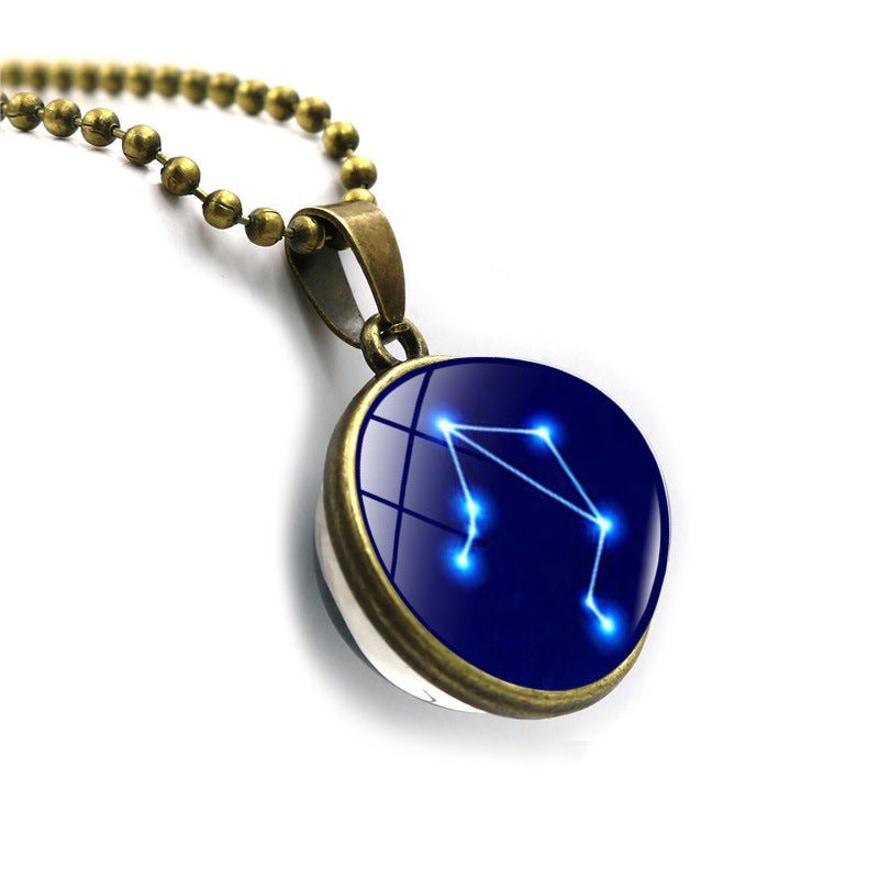 Zodiac Necklace with Time Gem Glass Ball Pendant