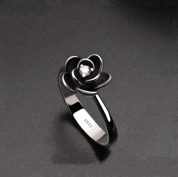 Black Rose Flower Ring, Fashion Floral Band, 925 Silver