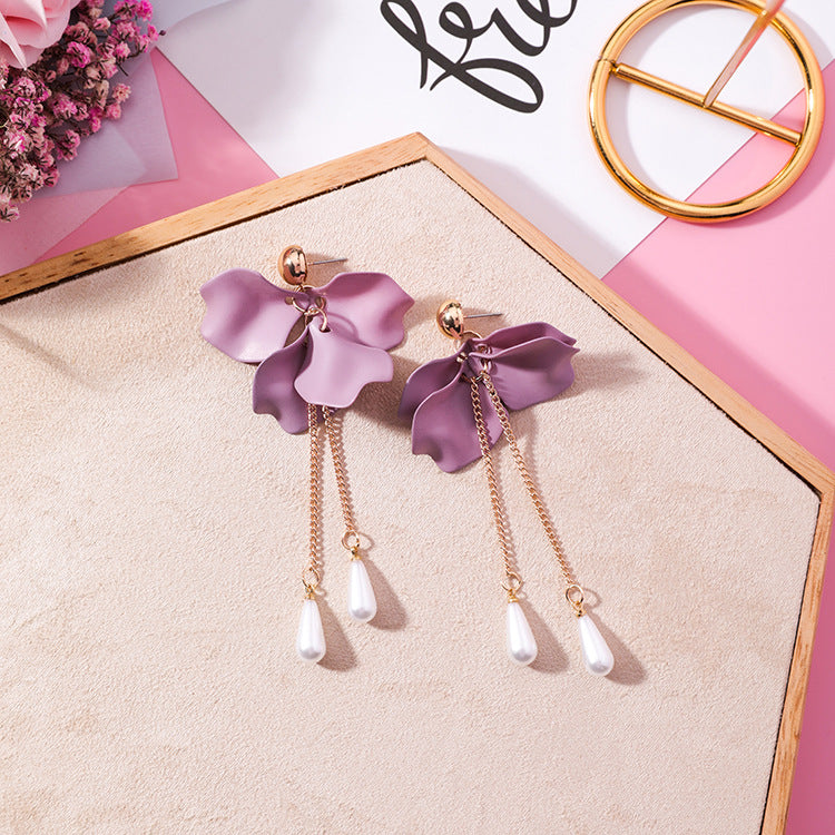 Trendy Pink Purple Petal Flower Earrings with Pearls