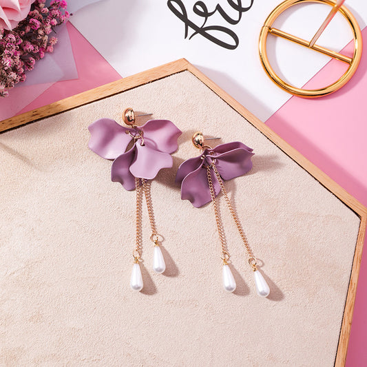 Trendy Pink Purple Petal Flower Earrings with Pearls