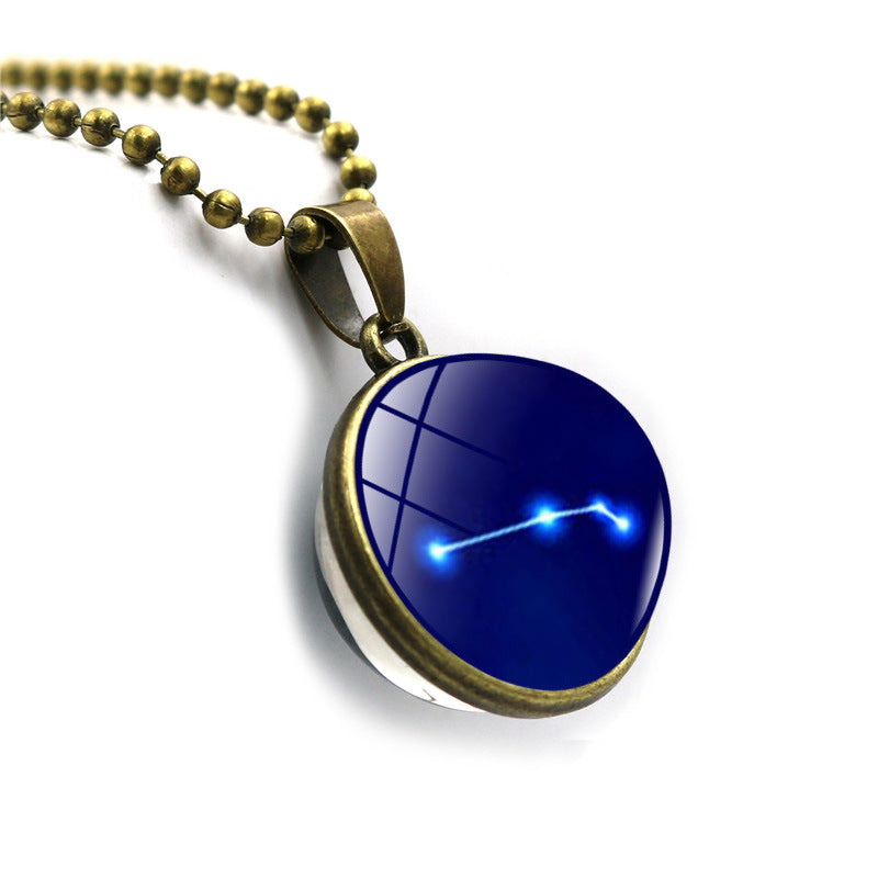Zodiac Necklace with Time Gem Glass Ball Pendant