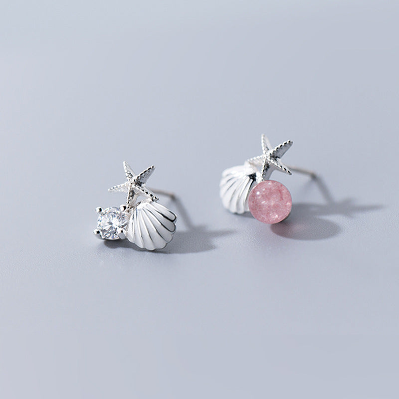 S925 Silver Strawberry Quartz Starfish Shell Earrings