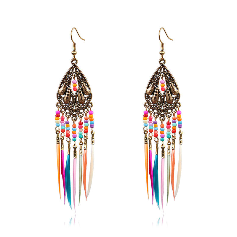 Geometric Colorful Bead Feather Tassel Earrings