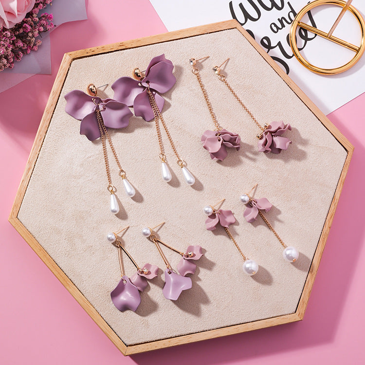 Trendy Pink Purple Petal Flower Earrings with Pearls