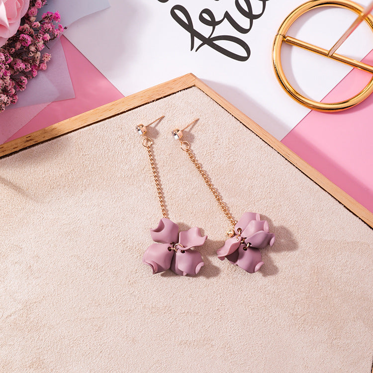 Trendy Pink Purple Petal Flower Earrings with Pearls