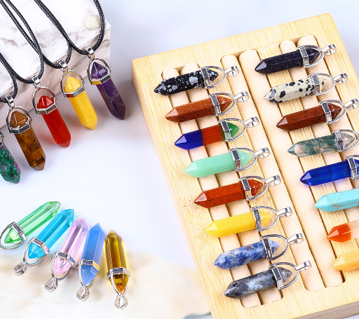 Hexagon Pendant Necklace with Natural Stone Tips