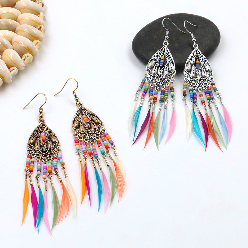 Geometric Colorful Bead Feather Tassel Earrings
