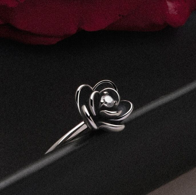 Black Rose Flower Ring, Fashion Floral Band, 925 Silver