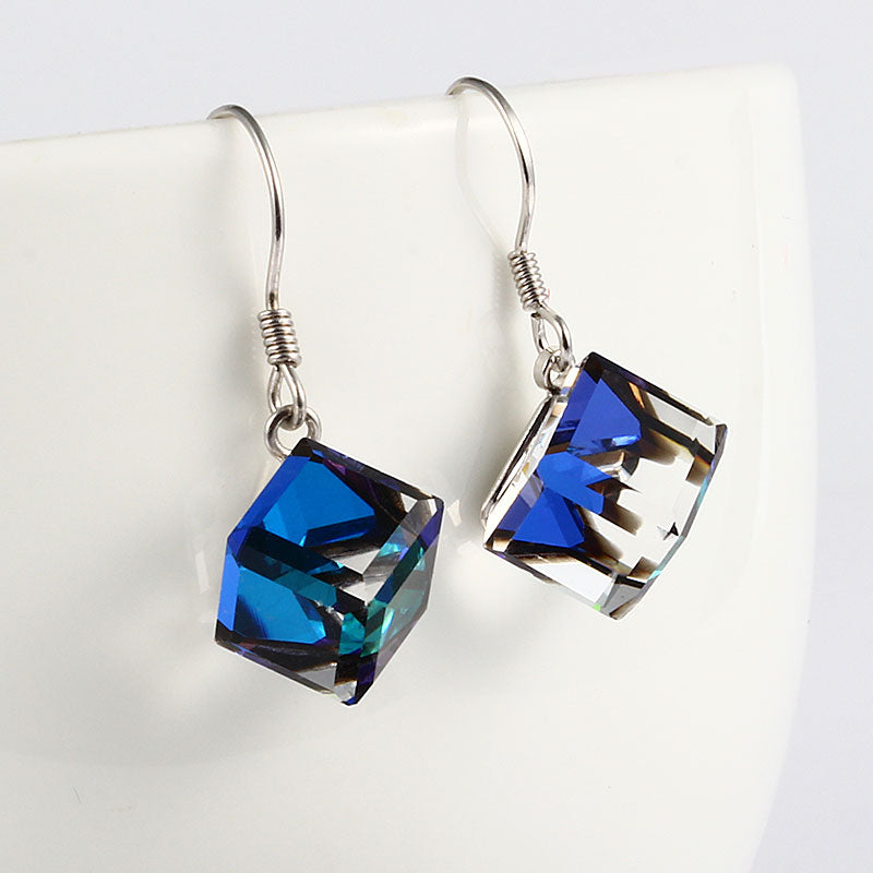 S925 Silver Austrian Crystal Cube Earrings for Women