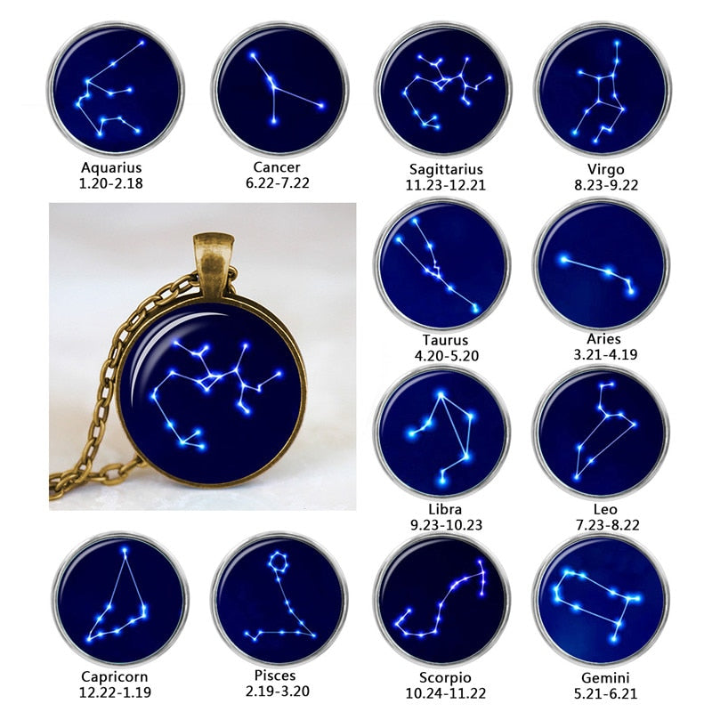 Zodiac Necklace with Time Gem Glass Ball Pendant