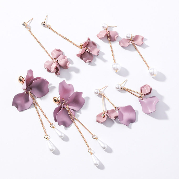 Trendy Pink Purple Petal Flower Earrings with Pearls
