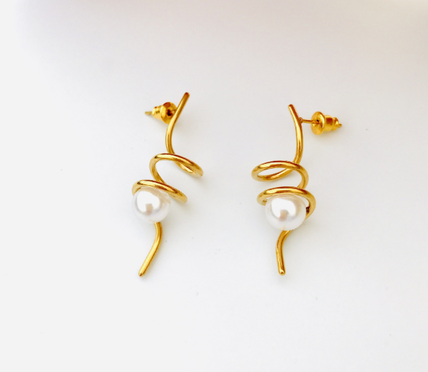 Spiral White Pearl Earrings and Studs