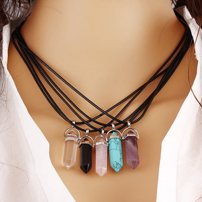 Hexagon Pendant Necklace with Natural Stone Tips