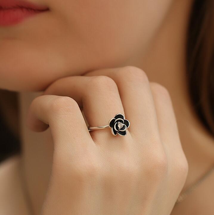 Black Rose Flower Ring, Fashion Floral Band, 925 Silver
