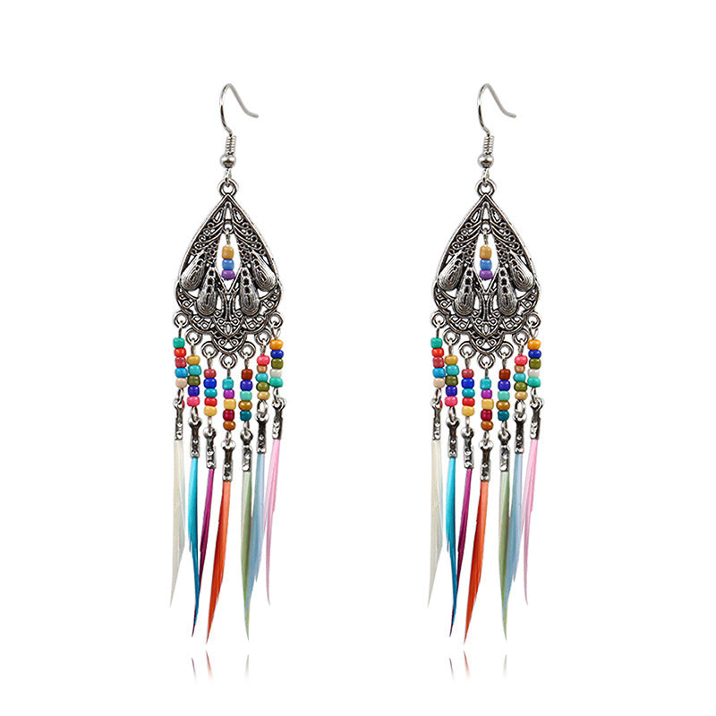 Geometric Colorful Bead Feather Tassel Earrings