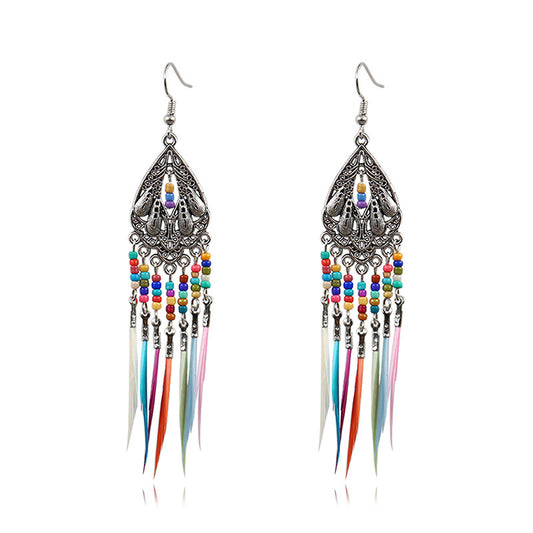 Geometric Colorful Bead Feather Tassel Earrings