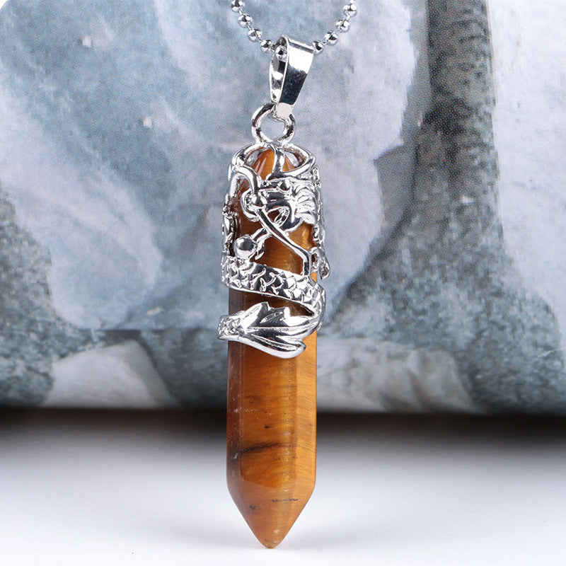 Natural Stone Hexagonal Dragon Totem Crystal Necklace