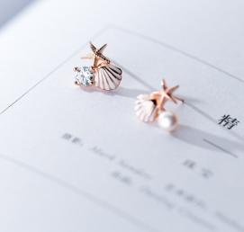S925 Silver Strawberry Quartz Starfish Shell Earrings